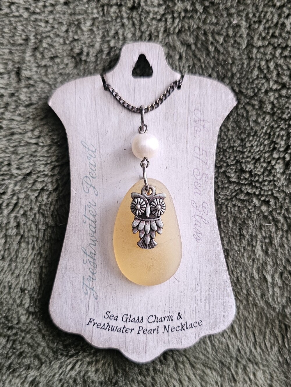 Yellow Sea Glass Owl Pendant Necklace with Freshwater Pearl